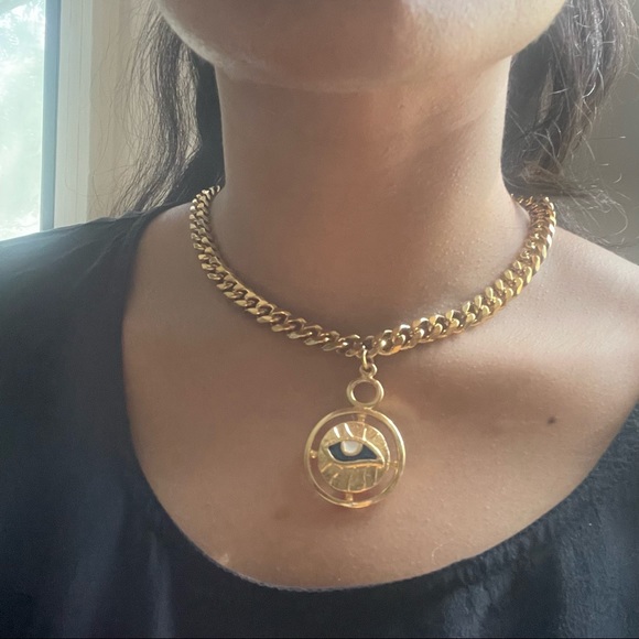 Evil eye 🧿 curb chain choker necklace adjustable gold blue pendant charm - Picture 10 of 10